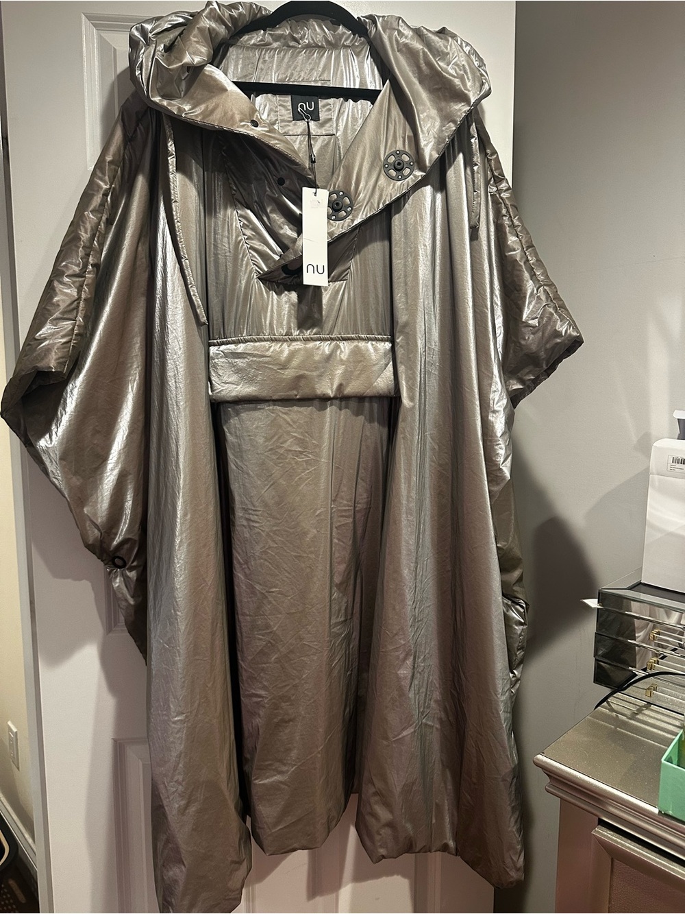 Nu Shine Metallic Oversize Silver Hooded Poncho Coat
